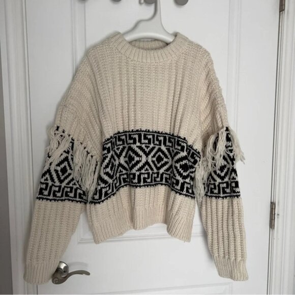 H&amp;M White Black Wool Mix Fringe Trimmed Jacquard  Knit Jumper size L - Picture 3 of 7